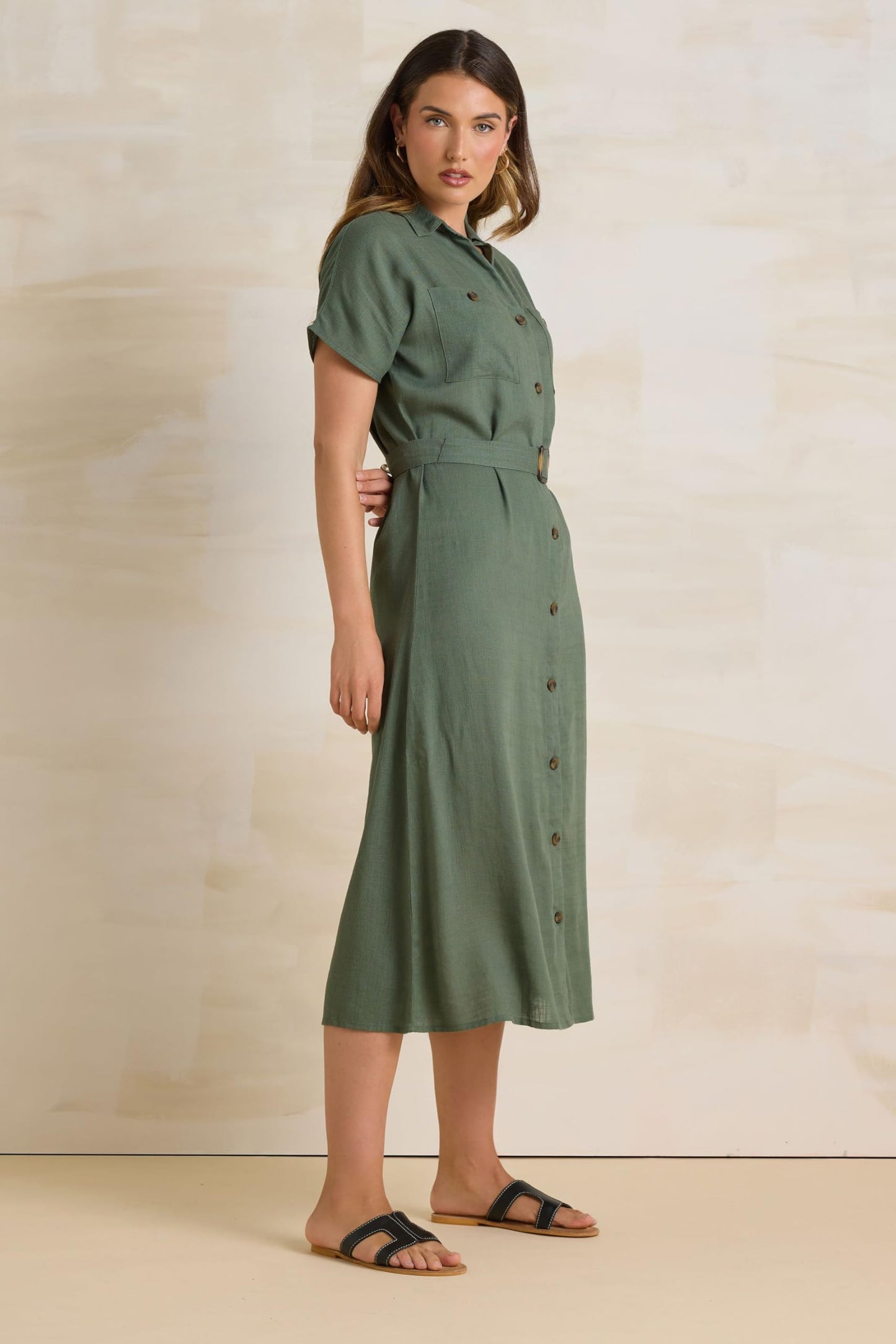 Long Tall Sally LTS Tall Linen Button Midi Dress Khaki 14