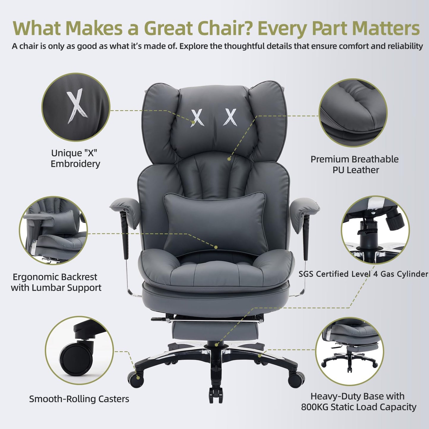 Efomao Big and Tall Office Chair with Footrest – High Back Computer Chair with Adjustable Armrests，Executive Office Chair with Wide Seat, Modern Desk Chair for Home Office, Gaming, or Study, Grey