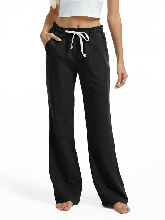 SEVEGO Women's Casual Linen Pants Extra Tall 36" Inseam Flared Leg Smocked Waist Beach Summer Slacks, Black, Large