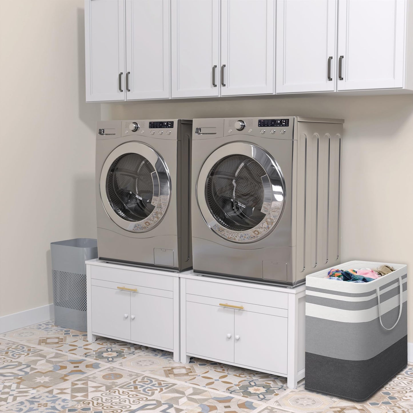GDLF Laundry Pedestal Heavy Duty Metal Washer and Dryer Stand 29" Universal Fit Anti-Vibration Washing Machine Stand with Laundry Basket Shelf and Built-in Drain Pan + Hose,770 LBS Capacity,White