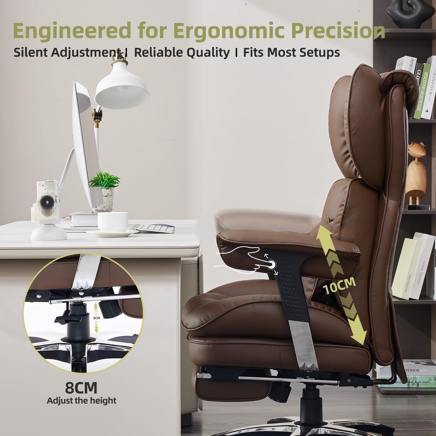 Efomao Big and Tall Office Chair with Footrest – High Back Computer Chair with Adjustable Armrests，Executive Office Chair with Wide Seat, Modern Desk Chair for Home Office, Gaming, or Study, Brown