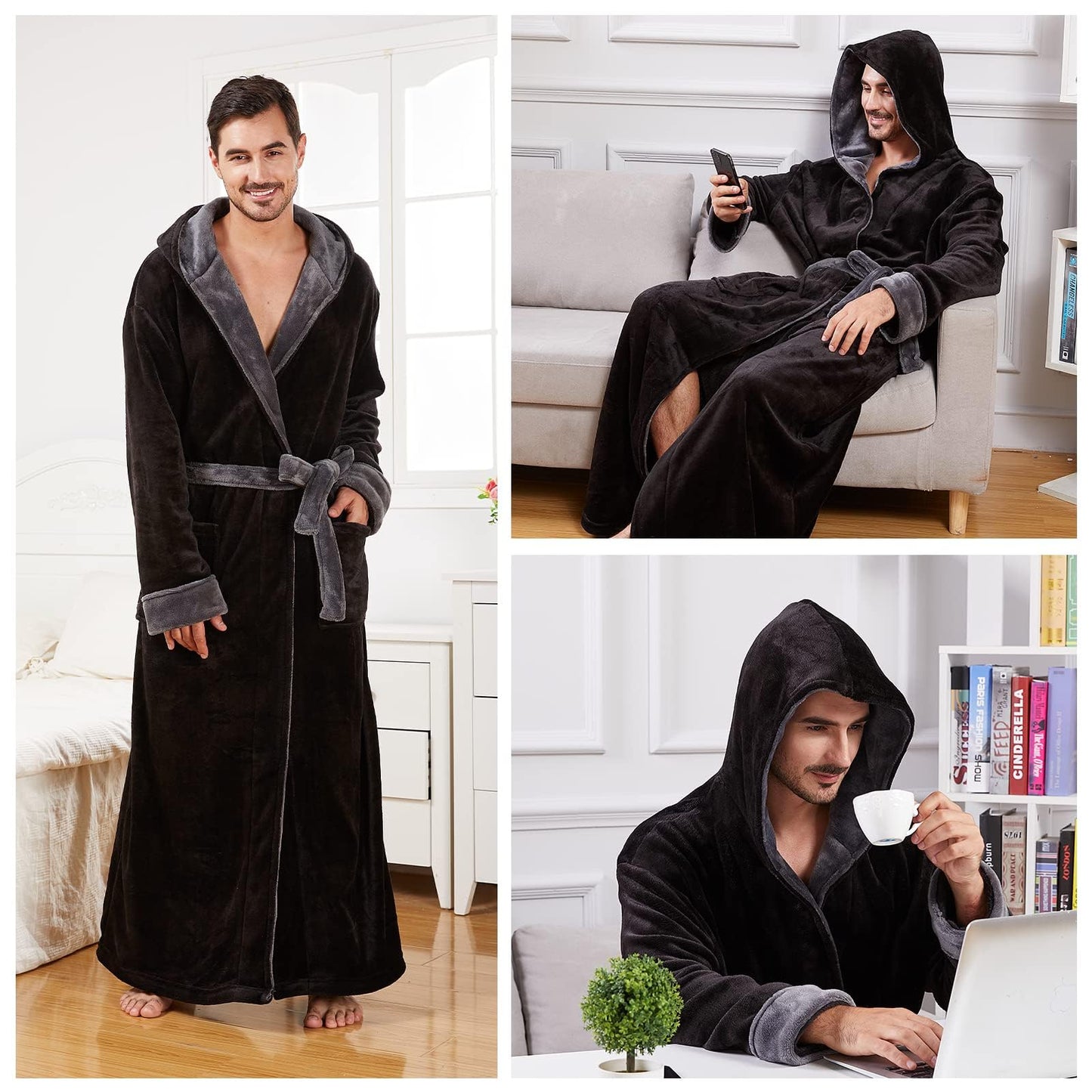 FashGudim Mens Robes Big and Tall with Hood Two-Tone Flannel Fleece Contrast Bathrobe Full Length Plush Long Robe Warm House Coat (Black & Grey, 7XL)