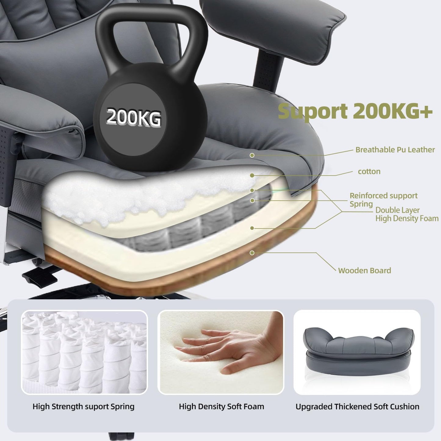 Efomao Big and Tall Office Chair with Footrest – High Back Computer Chair with Adjustable Armrests，Executive Office Chair with Wide Seat, Modern Desk Chair for Home Office, Gaming, or Study, Grey