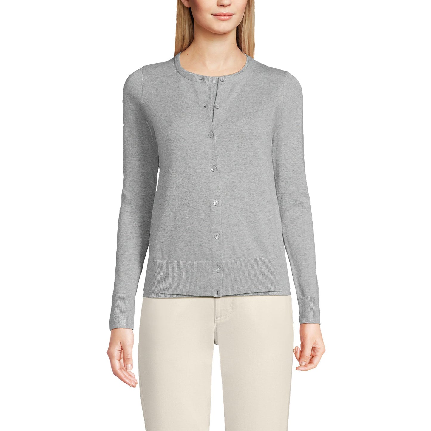 Lands' End Womens FG Cotton Cardigan Sweater Gray Heather Tall Medium