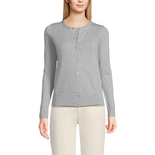 Lands' End Womens FG Cotton Cardigan Sweater Gray Heather Tall Medium