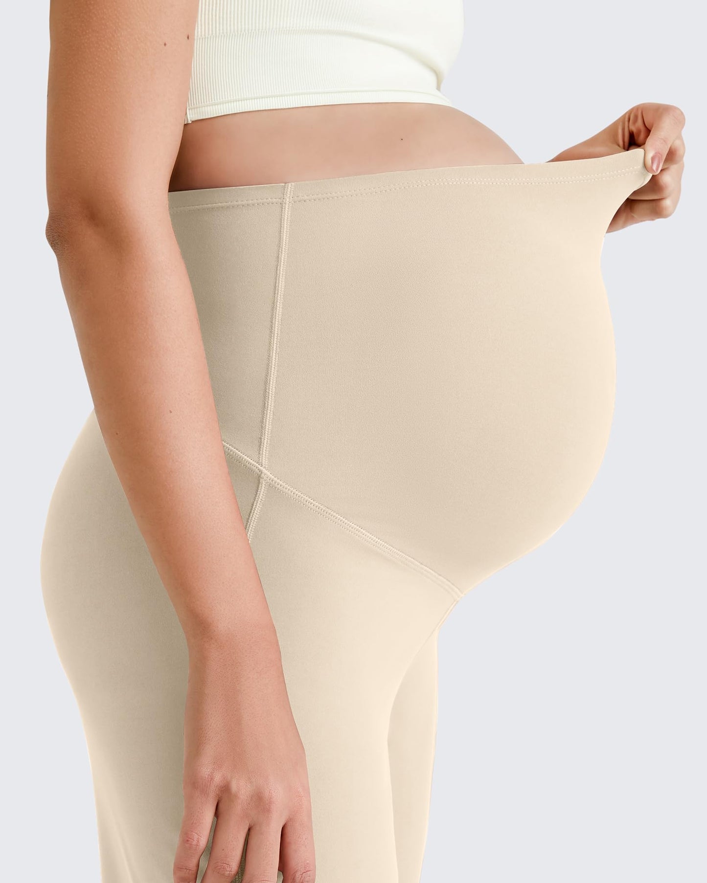 G4Free Maternity Yoga Pants Over The Belly Strechy Pregnancy Dress Pants Wide Leg Yoga Workout Casual Lounge Slacks (Light Khaki,XXL,32")