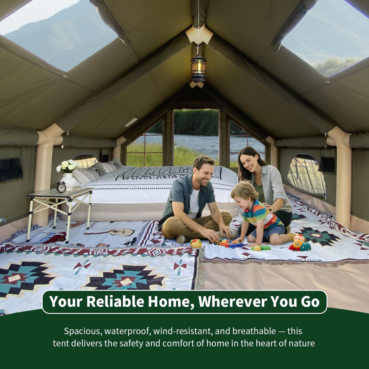 NANJEEN™ | Large Luxury Inflatable Camping Tent,Wind & Rain Resistant,12㎡ Interior,2-4-6-8-10 Person Shelter,8 Minutes Fast Setup with Hand Pump,Chimney Port, Dual Doors,Mosquito-Proof Mesh Windows