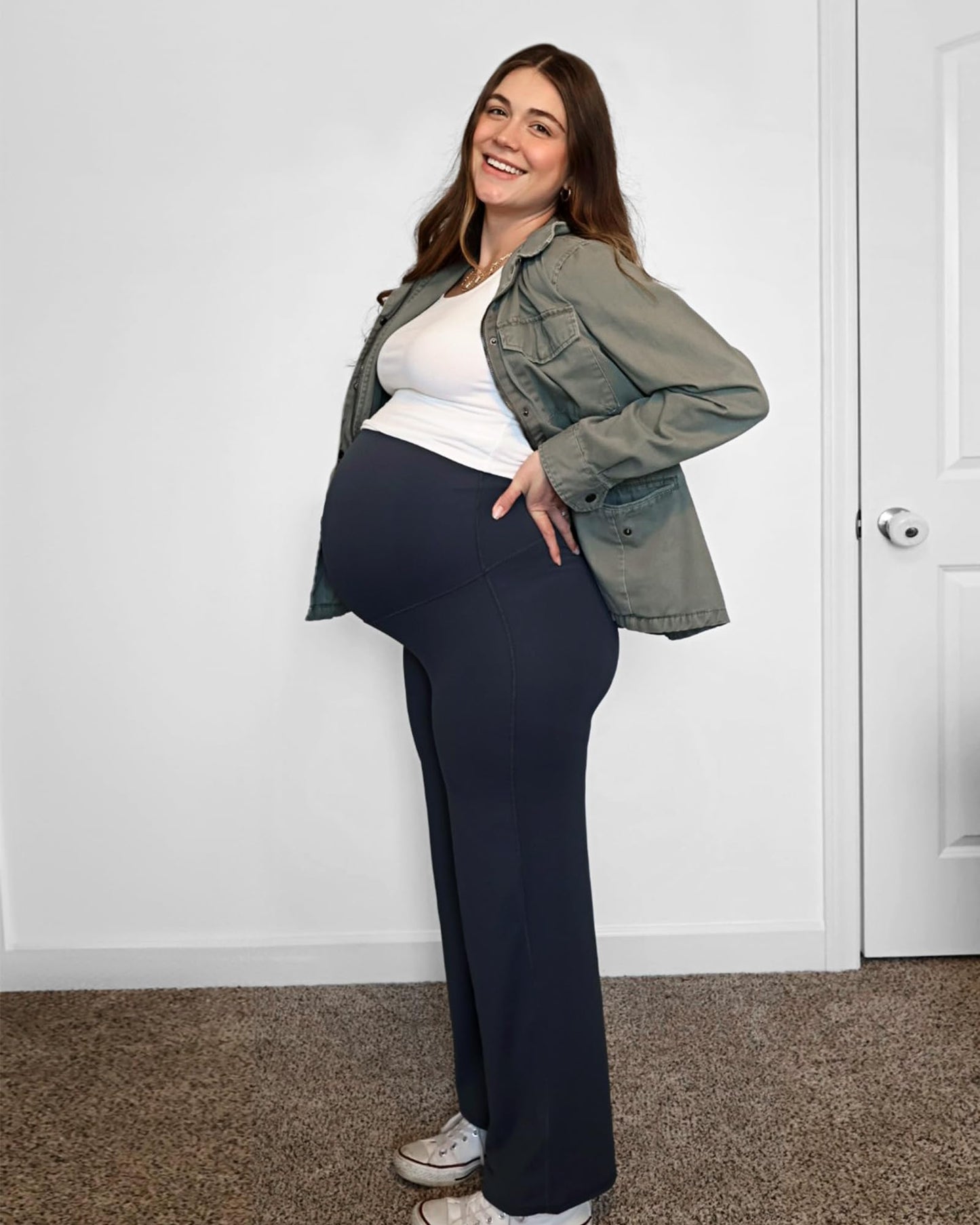 G4Free Maternity Pants for Women Casual Loose Wide Leg Cozy Pant Pregnancy Clothes Yoga Dress Work Trousers(Dark Blue,XS,32")