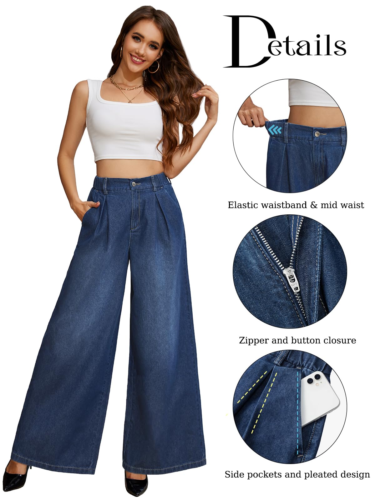 Tapata Women's 33" Inseam Tall Wide Leg Jeans High Waisted Baggy Denim Pants Palazzo Trousers, Dark Blue, XS