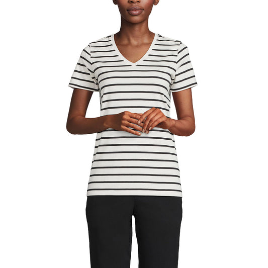 Lands' End Womens SS Relaxed Supima V Neck T Shirt Ivory/Black Breton Stripe Tall Small