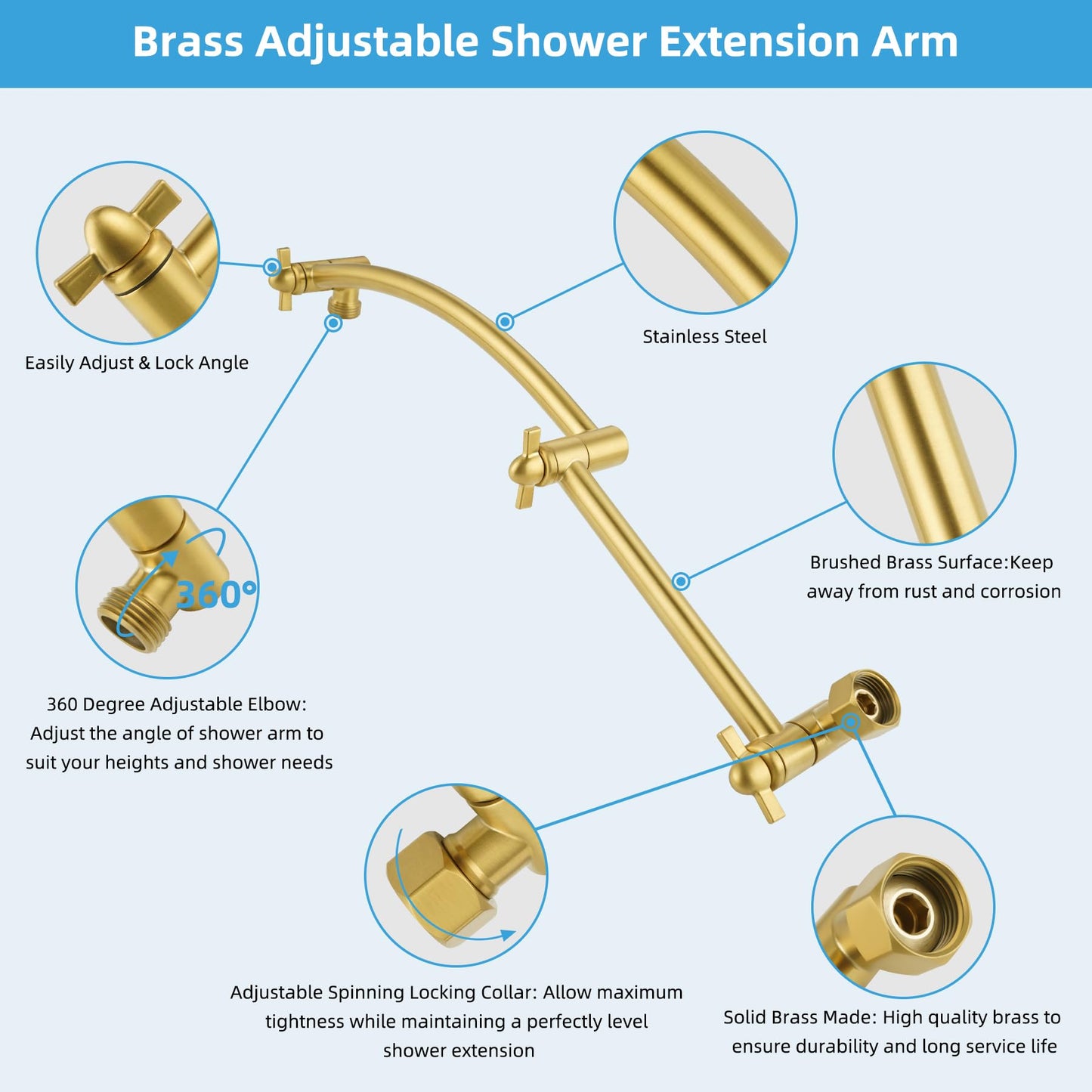 Hibbent Shower Head Extension Arm,16" Solid Brass Adjustable Extender with Lock Joint, Standard 1/2", Rise or Lower Rainfall and Fixed Shower Head, Height/Angle Adjustable Extension Arm, Brushed Brass