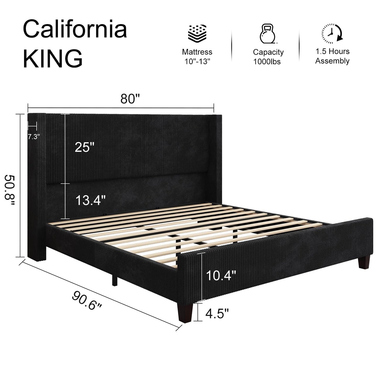 HOWE California King Size Upholstered Bed Frame, Wingback Platform Bed with 50.8" Headboard, Corduroy/Solid Wood Leg/No Box Spring Needed/Noise Free/Black