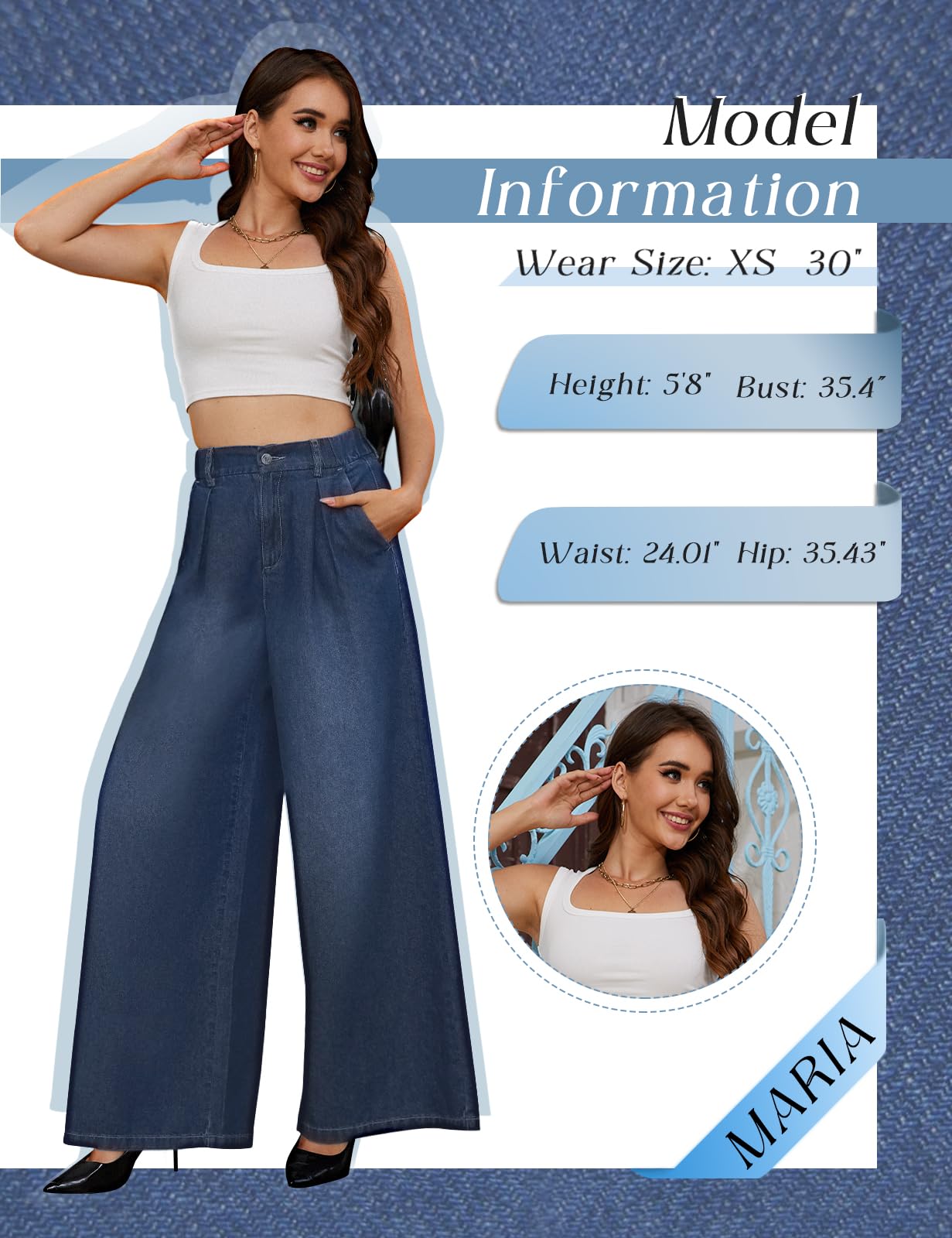 Tapata Women's 33" Inseam Tall Wide Leg Jeans High Waisted Baggy Denim Pants Palazzo Trousers, Dark Blue, S