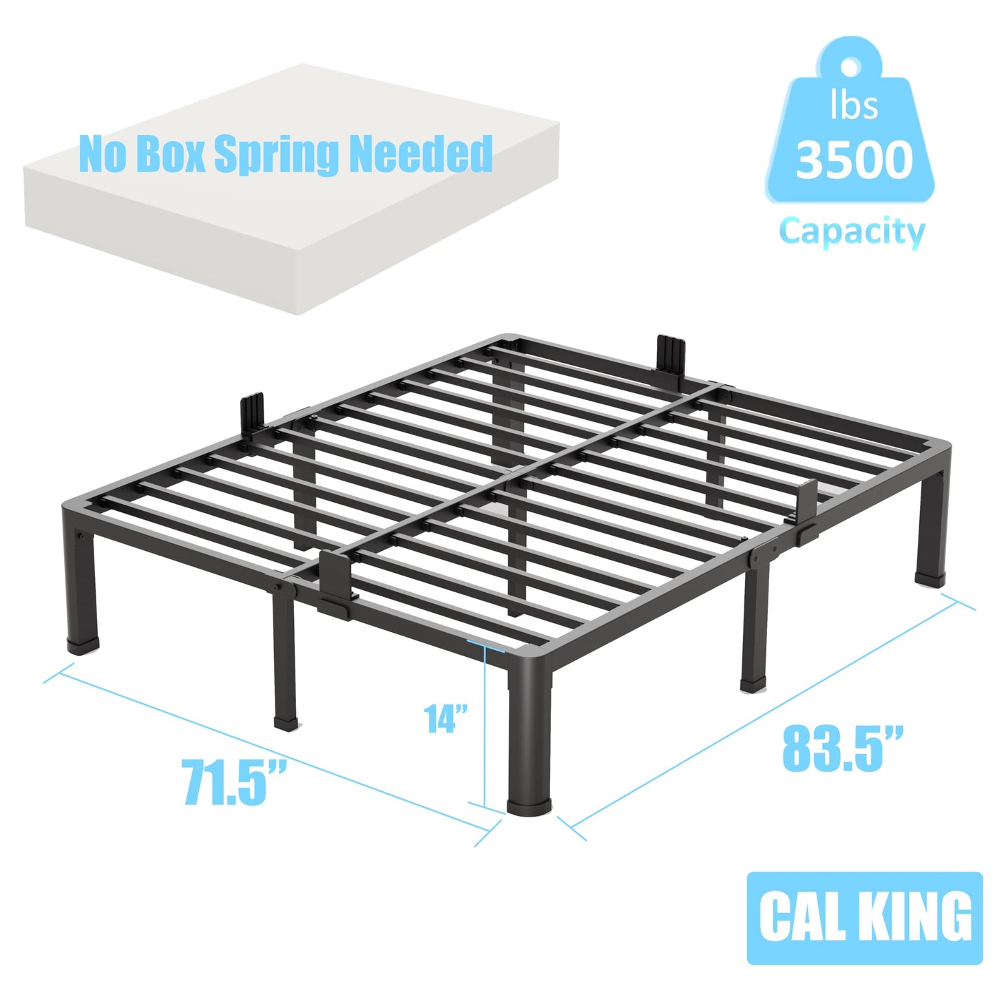 FUIOBYVV California King Bed Frame with Round Corner Edge Legs 14 inch High 3500 lbs Heavy Duty Metal Platform Bed Frame King Size No Box Spring Needed/Noise Free/Steel Slat Support/Non-Slip Black