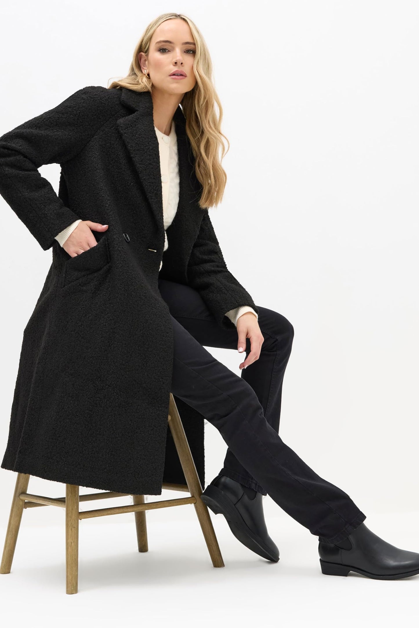Long Tall Sally Lts Tall Boucle Wrap Midi Coat Black