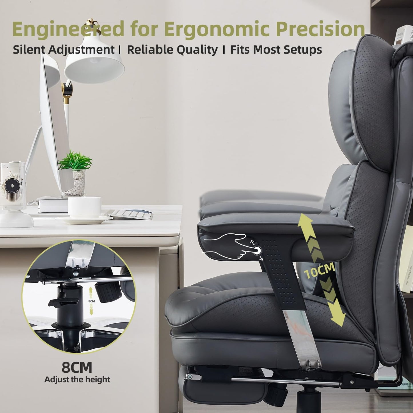 Efomao Big and Tall Office Chair with Footrest – High Back Computer Chair with Adjustable Armrests，Executive Office Chair with Wide Seat, Modern Desk Chair for Home Office, Gaming, or Study, Grey