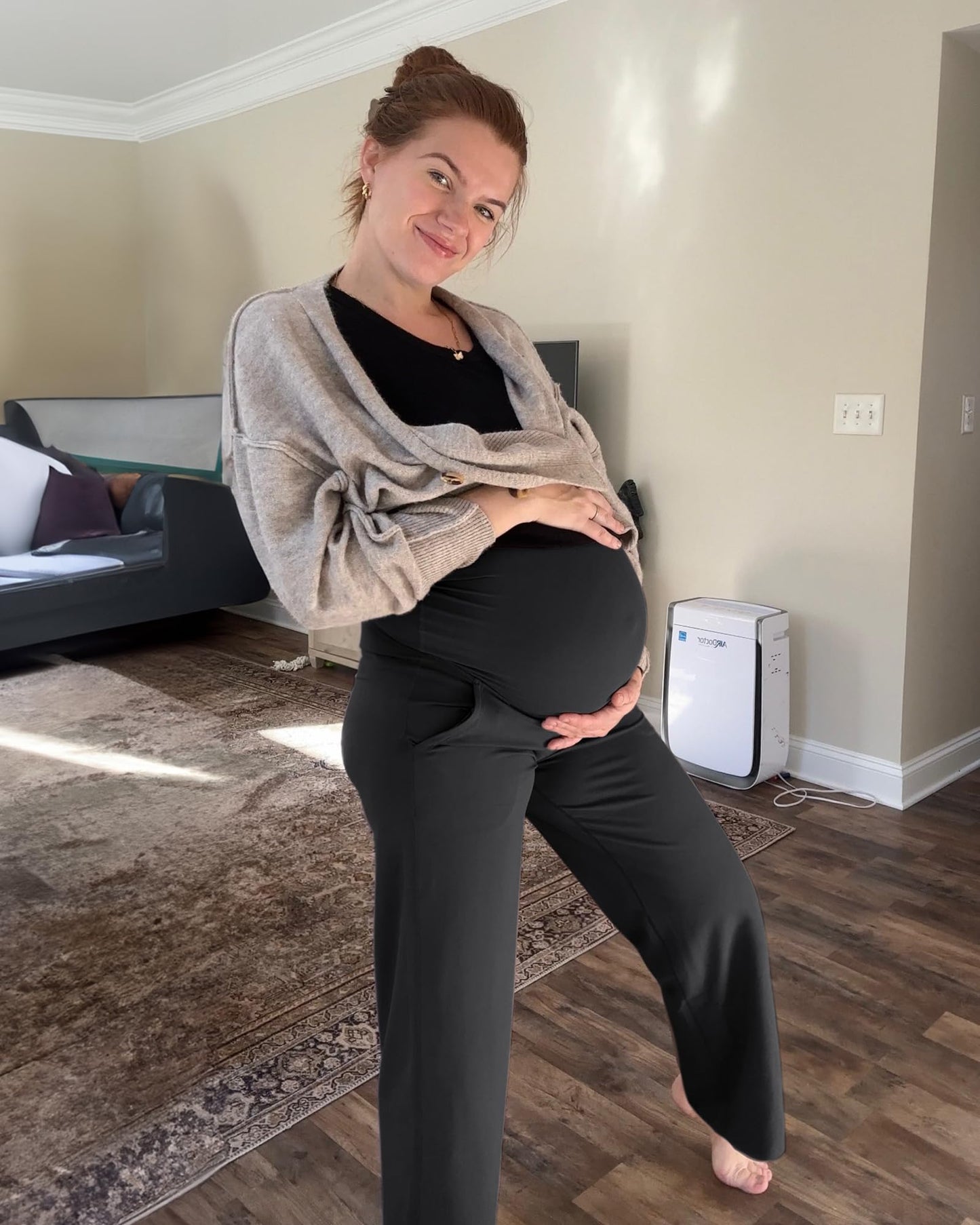 G4Free Maternity Pants for Work Stretch Pregnancy Work Pants Wide Leg Dress Trousers with Pockets Winter Outfits (Black,XXL,32")