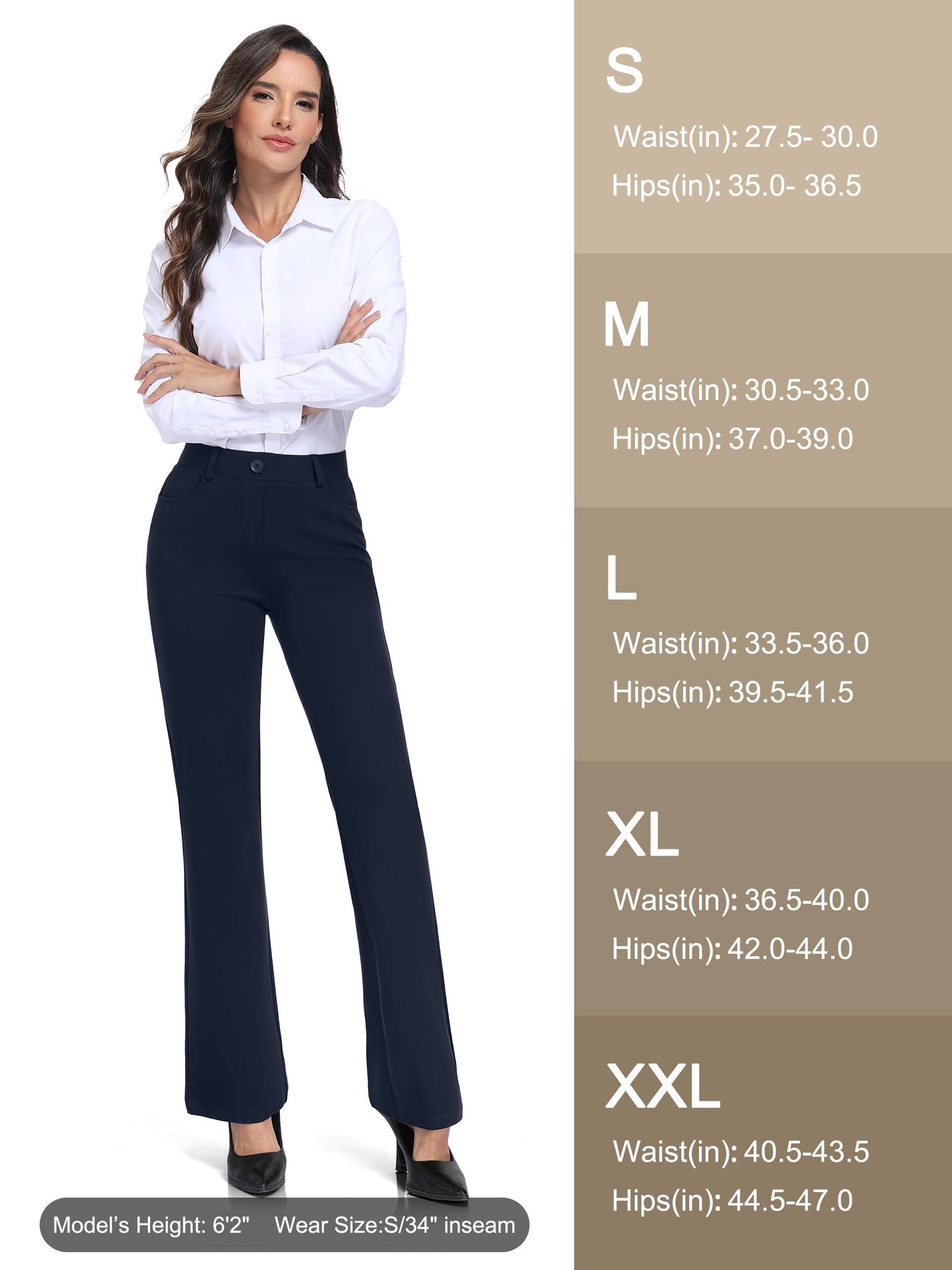 Tallemon Tall Womens 36" Inseam Boot Cut Dress Yoga Trousers Dress Pull On Belt Loops 4 Pockets Suit Work Pants, Navy Blue, L