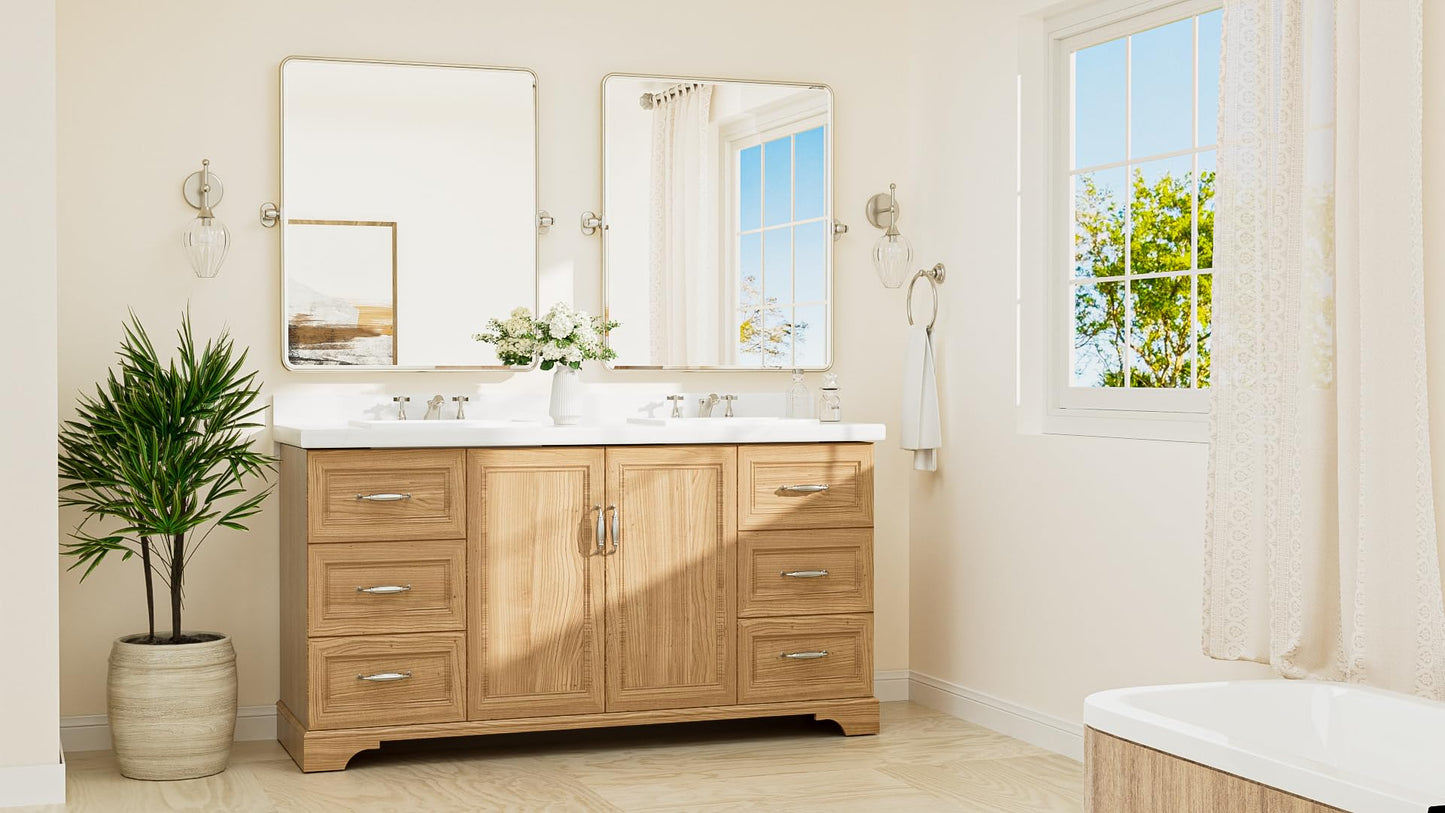 TETOTE Pivot Bathroom Mirror Brushed Nickel 30 x 36 Tilting Beveled Rectangle Metal Framed Mirror, Farmhouse Adjustable Tilt Rounded Corner Vanity Mirror, Horizontal/Vertical, Easy to Install