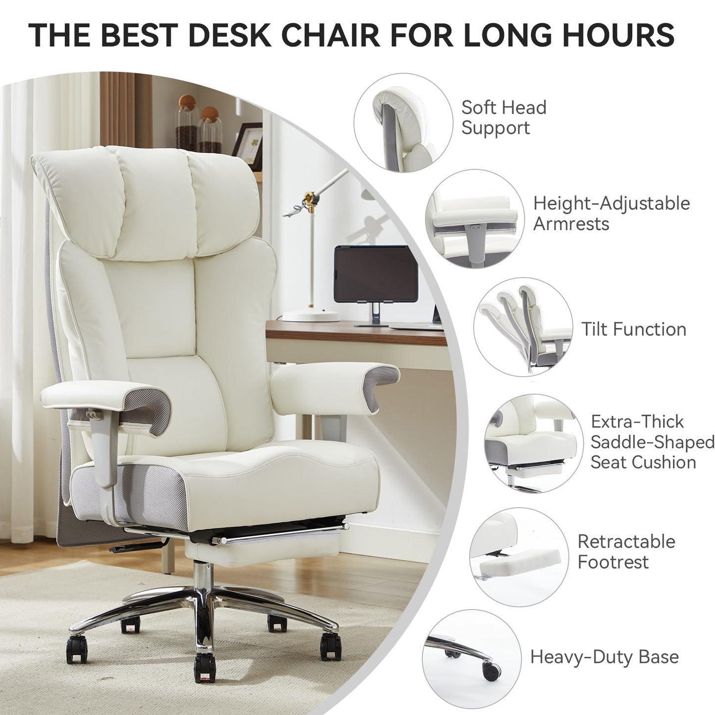 Efomao Big and Tall Office Chair 450LBS with Foot Rest, High Back PU Leather Executive Office Chair with Adjustable Padded Armrests, Lumbar Support for Home or Work, Heavy Duty Computer Chair, White