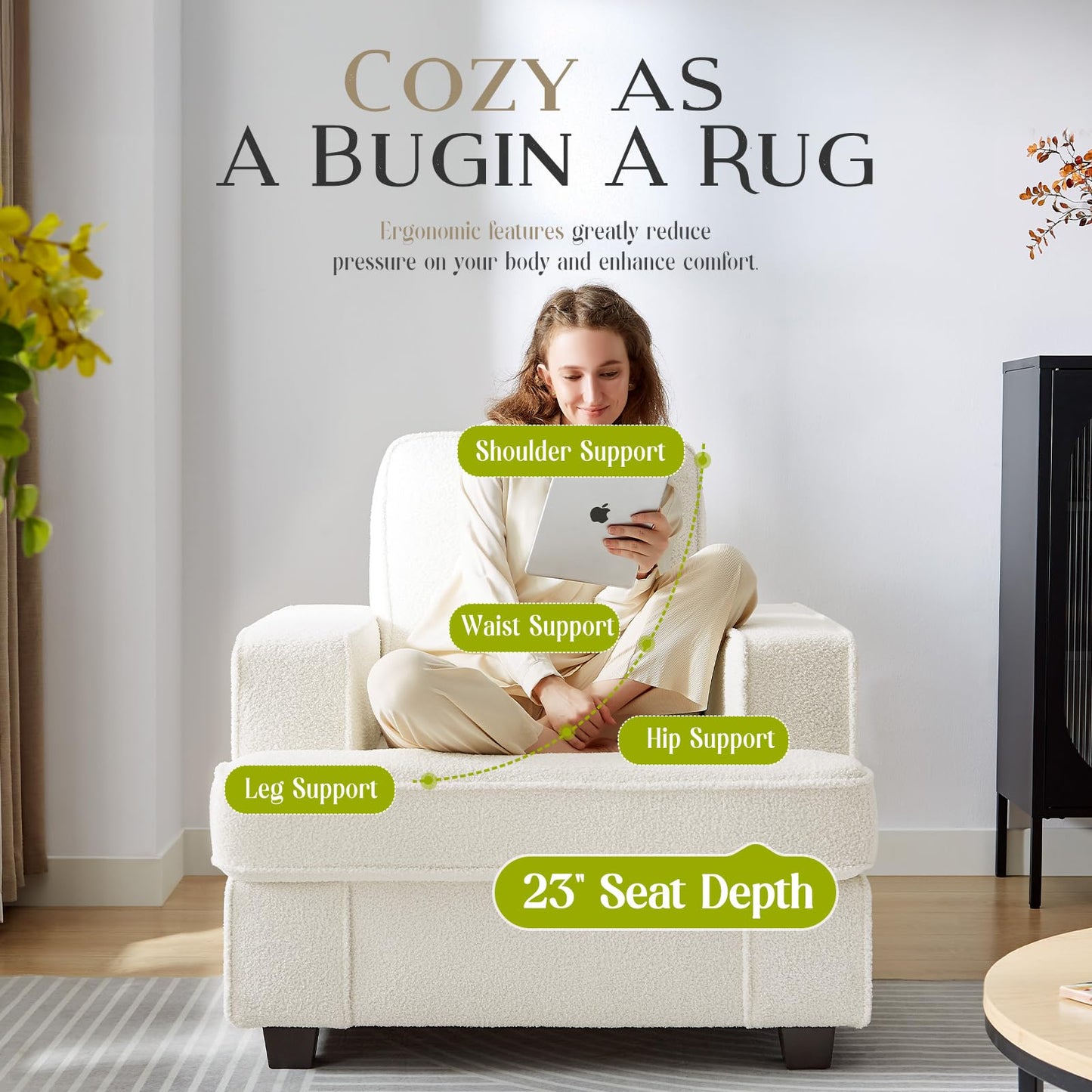 Couches for Living Room, 38” Cloud Couch in Soft Teddy Fleece, Removable Cover, Easy Assembly, Modern Sofa for Living Room/Bedroom/Office/Apartment, Beige