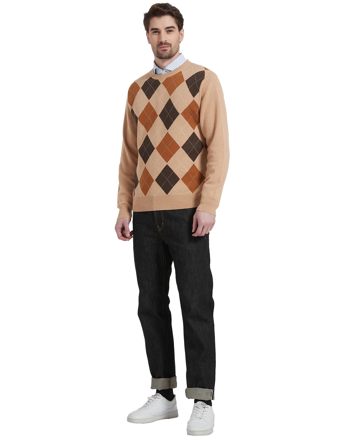Kallspin Men's Wool Blend Crewneck Sweater Argyle Long Sleeve Pullover Sweater for Casual Or Dressy Wear(Khaki,L-Tall)