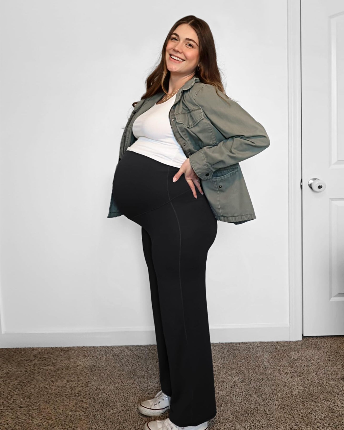 G4Free Woman Maternity Yoga Pants Wide Leg Trousers High Waist Pregnancy Workout Trousers Stretchy Business Casual Wear(Black,XS,34")