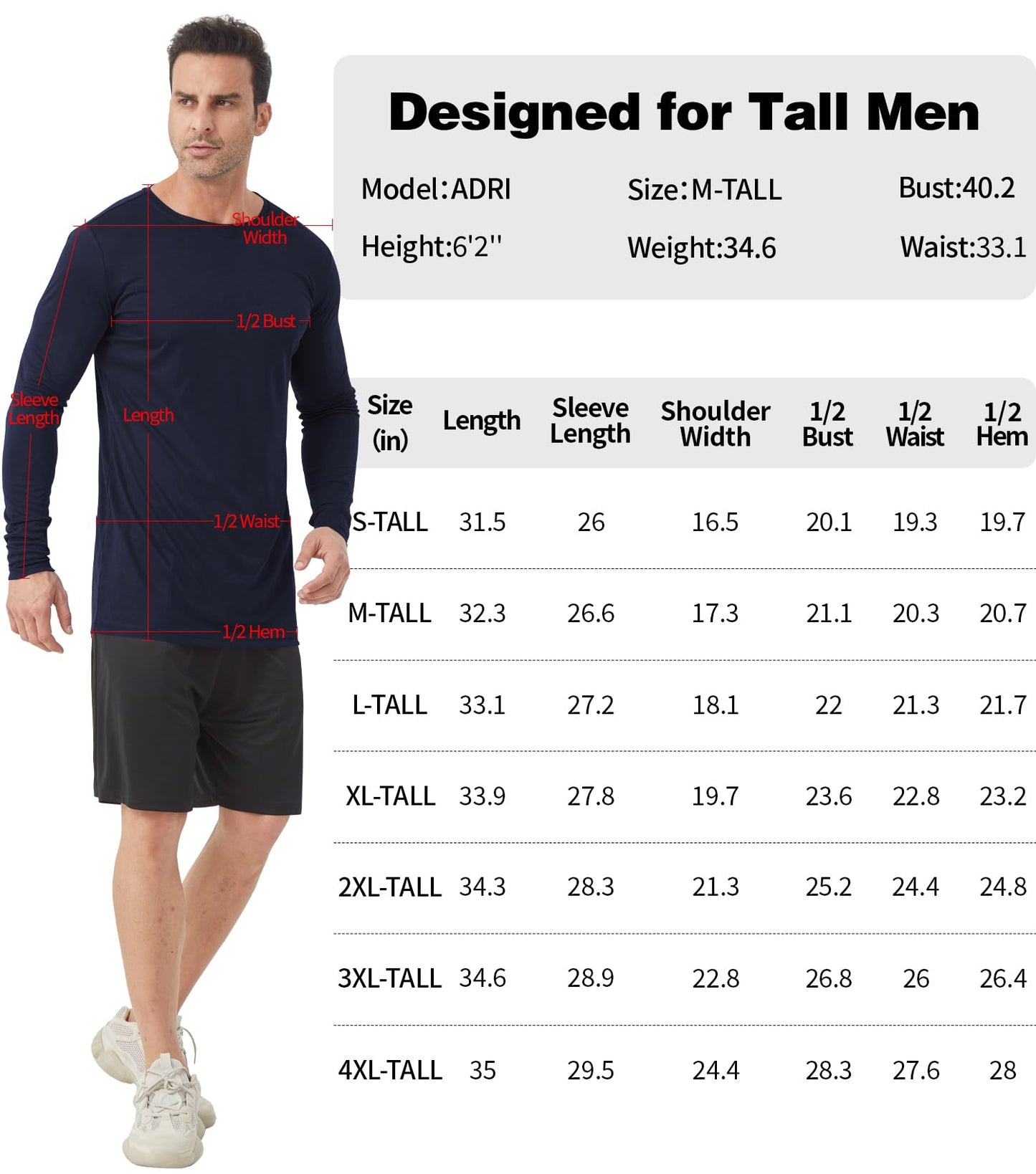 Men's Tall Rash Guard Long Sleeve T Shirts - UPF 50+ Sun Protection Tee Shirt for Fishing, Swim, Hiking Navy