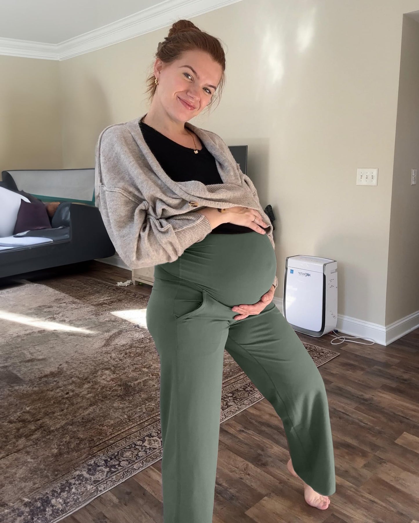 G4Free Maternity Activewear Over The Belly Straight Yoga Pants with Pockets Lightweight Maternity Pants (Gray Sage,S,32")