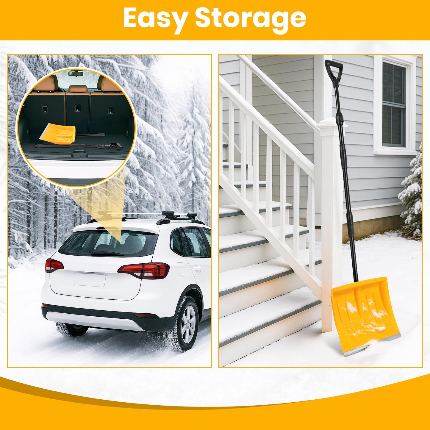 Snow Shovel for Driveway Stairs Decks Garage Snow Removal with Telescopic 52-59 inch Long Handle Lightweight Household Snow Shovel for Soft and Light Snow Removal (16 inch Wide)