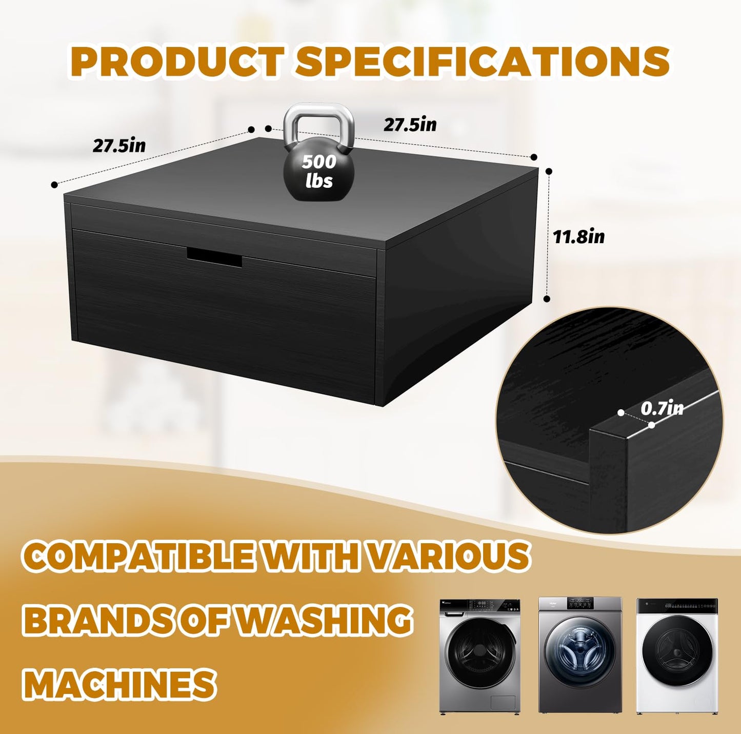 LYASIL Laundry Pedestal Heavy Duty Wood Washer Dryer Pedestal 28" Universal Fit Anti-Vibration Washing Machine Stand,770 LBS Capacity (Deep Black)