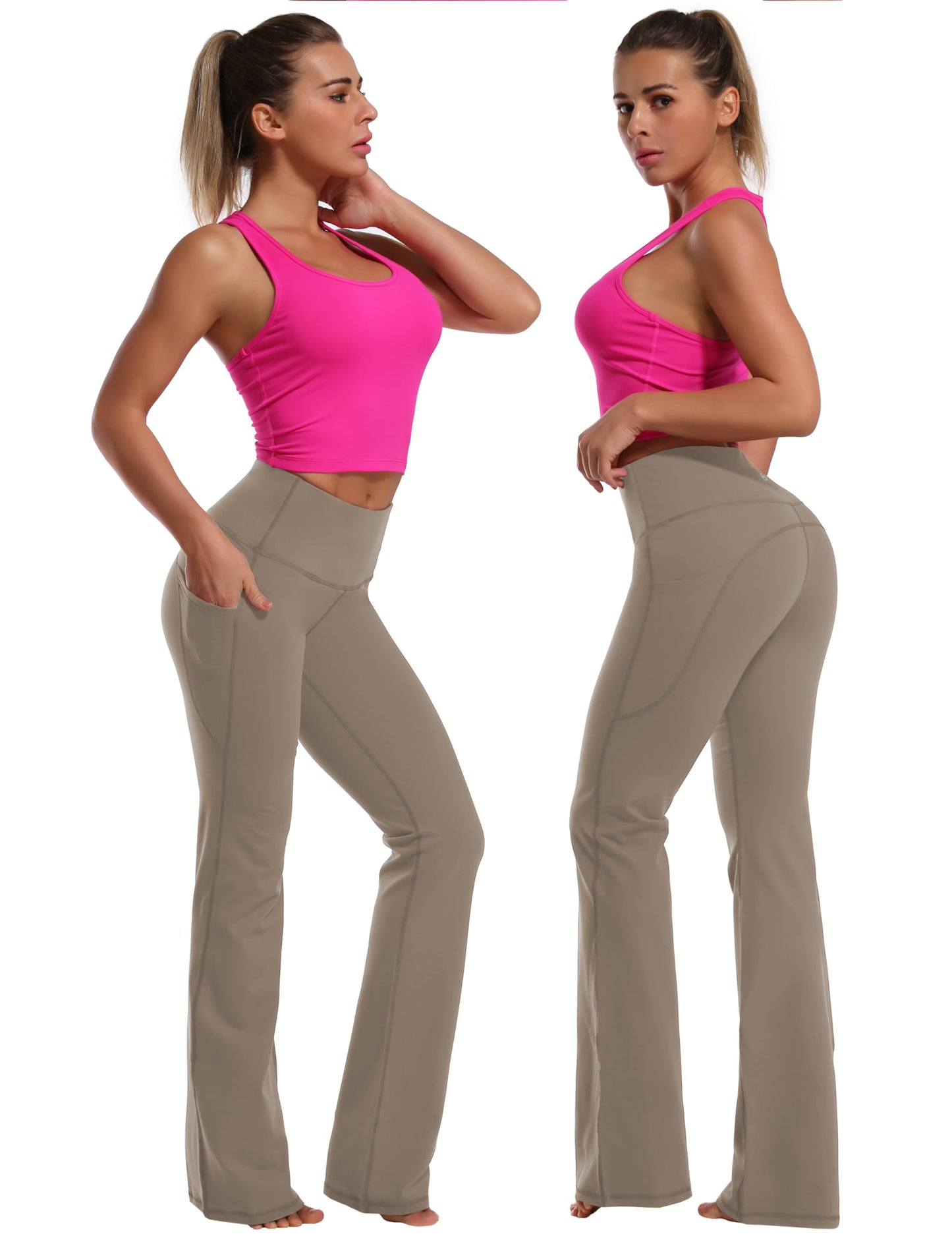 BUBBLELIME 29"/31"/33"/35" 4 Styles Women's Bootcut Yoga Pants Tummy Control - Side Pockets_Dark_Khaki M_35" Inseam
