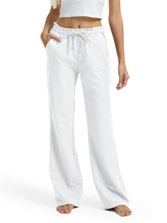 SEVEGO Women's Casual Linen Pants Tall 34" Inseam Flared Leg Smocked Waist Beach Summer Slacks, White, Large