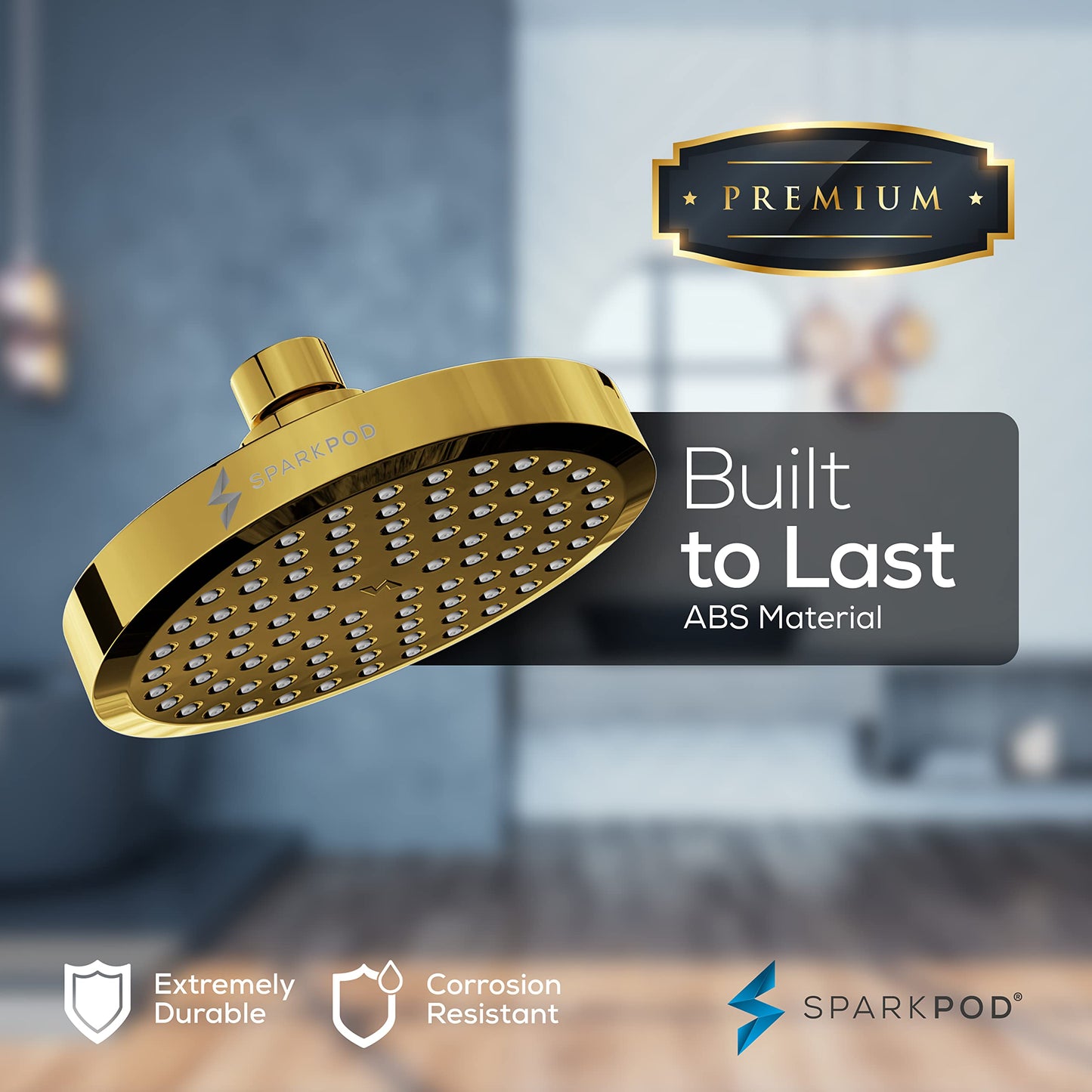 SparkPod Round Rain Shower Head with Extension Arm - Height Adjustable Shower Head with High Pressure Performance - Easy 1-Minute Installation (11" Arm Extension, Egyptian Gold)