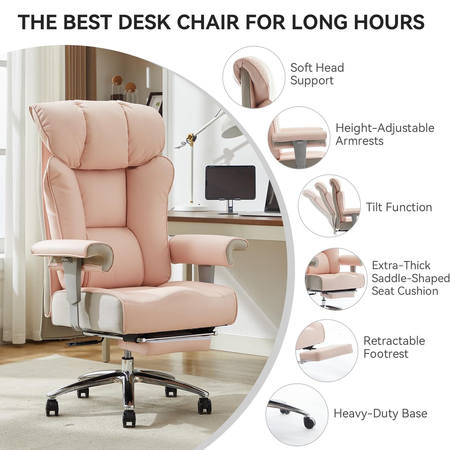 Efomao Big and Tall Ergonomic Office Chair 450LBS with Foot Rest, High Back PU Leather Executive Chair with Adjustable Padded Armrests, Lumbar Support for Home or Work, Heavy Duty Computer Chair, Pink