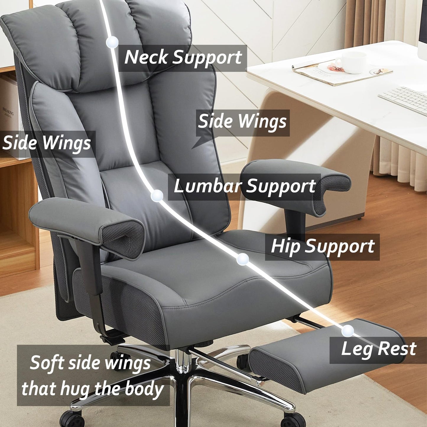 Efomao Big and Tall Office Chair 450LBS with Foot Rest, High Back PU Leather Executive Chair with Adjustable Padded Armrests, Lumbar Support for Home or Work, Heavy Duty Computer Chair, Grey