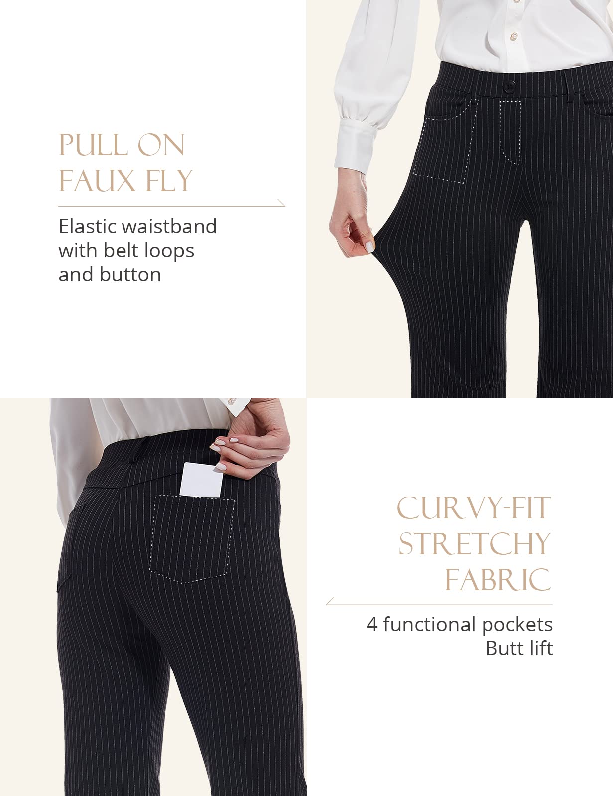 Tapata Women's 28''/30''/32''/34'' Stretchy Bootcut Dress Pants with Pockets Tall, Petite, Regular for Office Work Business 34'', Black, Pinstripe, L