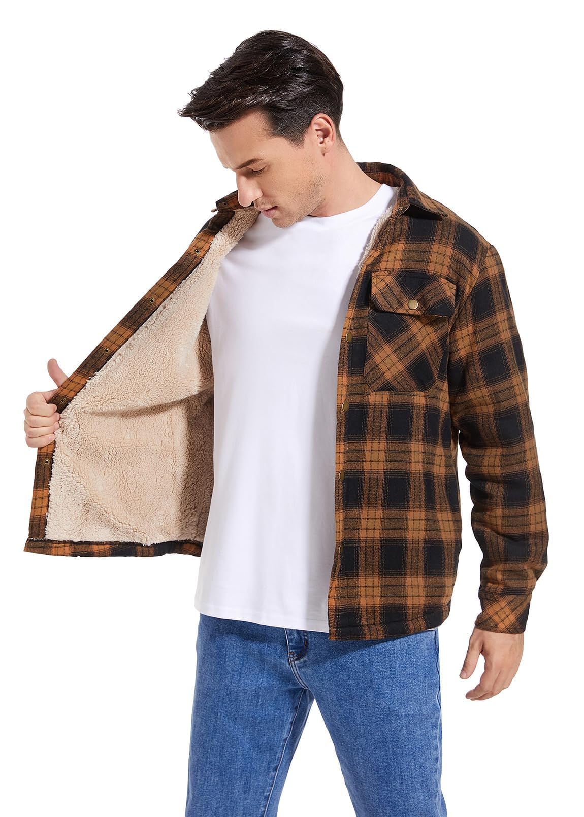 Puwasa Men's Sherpa Lined Cotton Flannel Shirt Jacket Plaid Button Up Jacket Coat for Men with Pocket Orange Large Tall