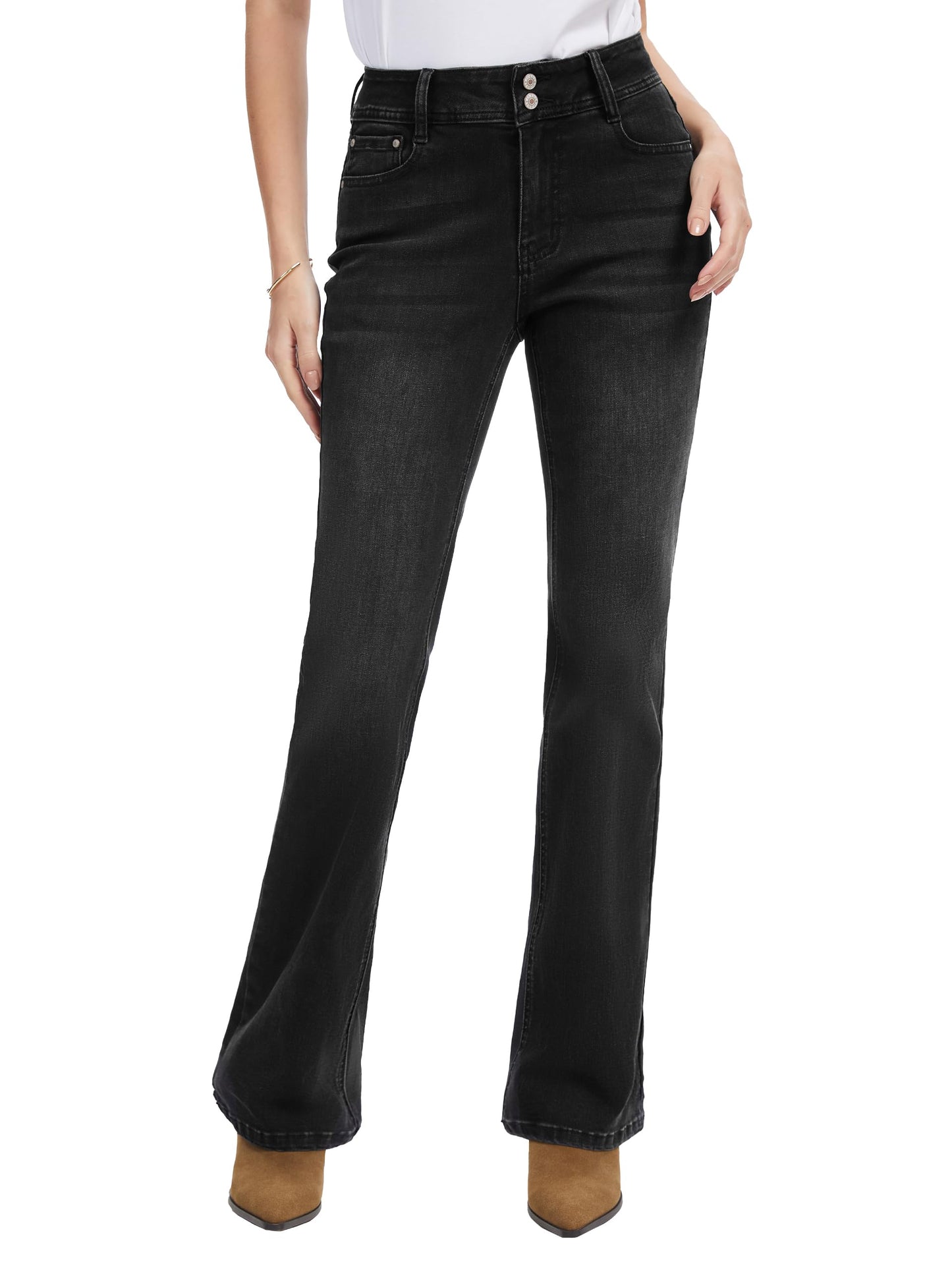 Tallemon Tall Women's Bootcut Jeans Curvy Mid-Rise Stretchy Denim Pants Classic Bell Bottom Trouser,34",Black,16