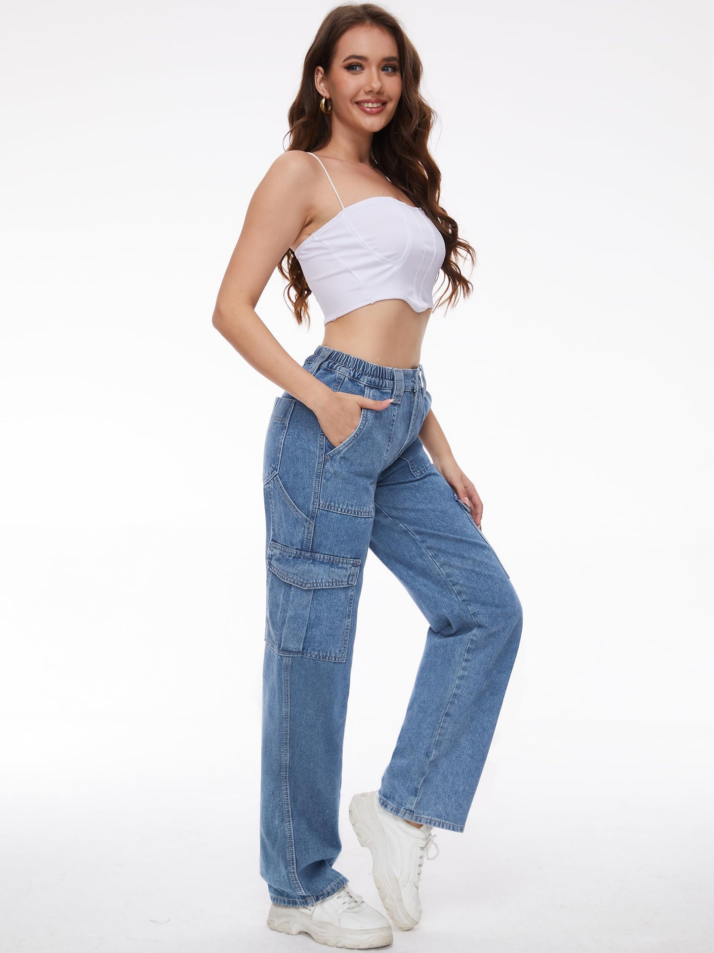 Tapata Women's 26"/28"/30"/32"/34" Cargo Jeans Straight Leg Short Petite Regular Tall Denim Relaxed Y2K Pants Blue, L