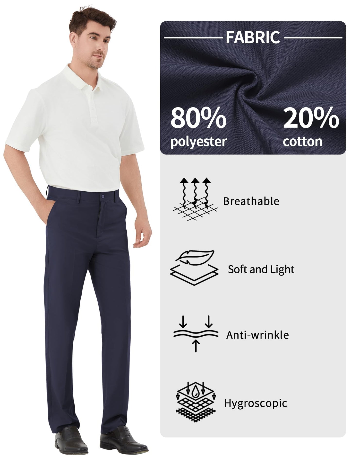 Men's Tall Classic Fit Flex Flat Front Dress Pants Formal Pants for Business & Office Navy
