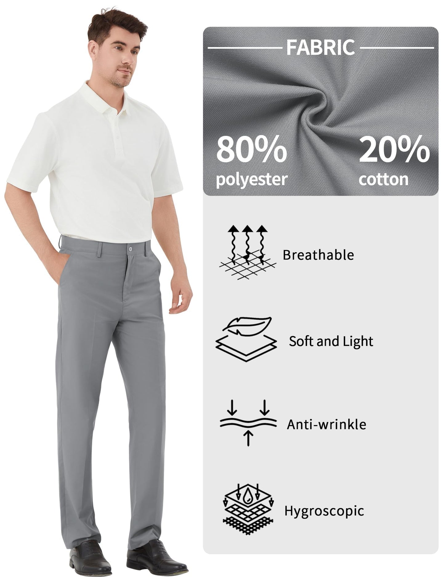 Men's Tall Classic Fit Flex Flat Front Dress Pants Formal Pants for Business & Office Grey