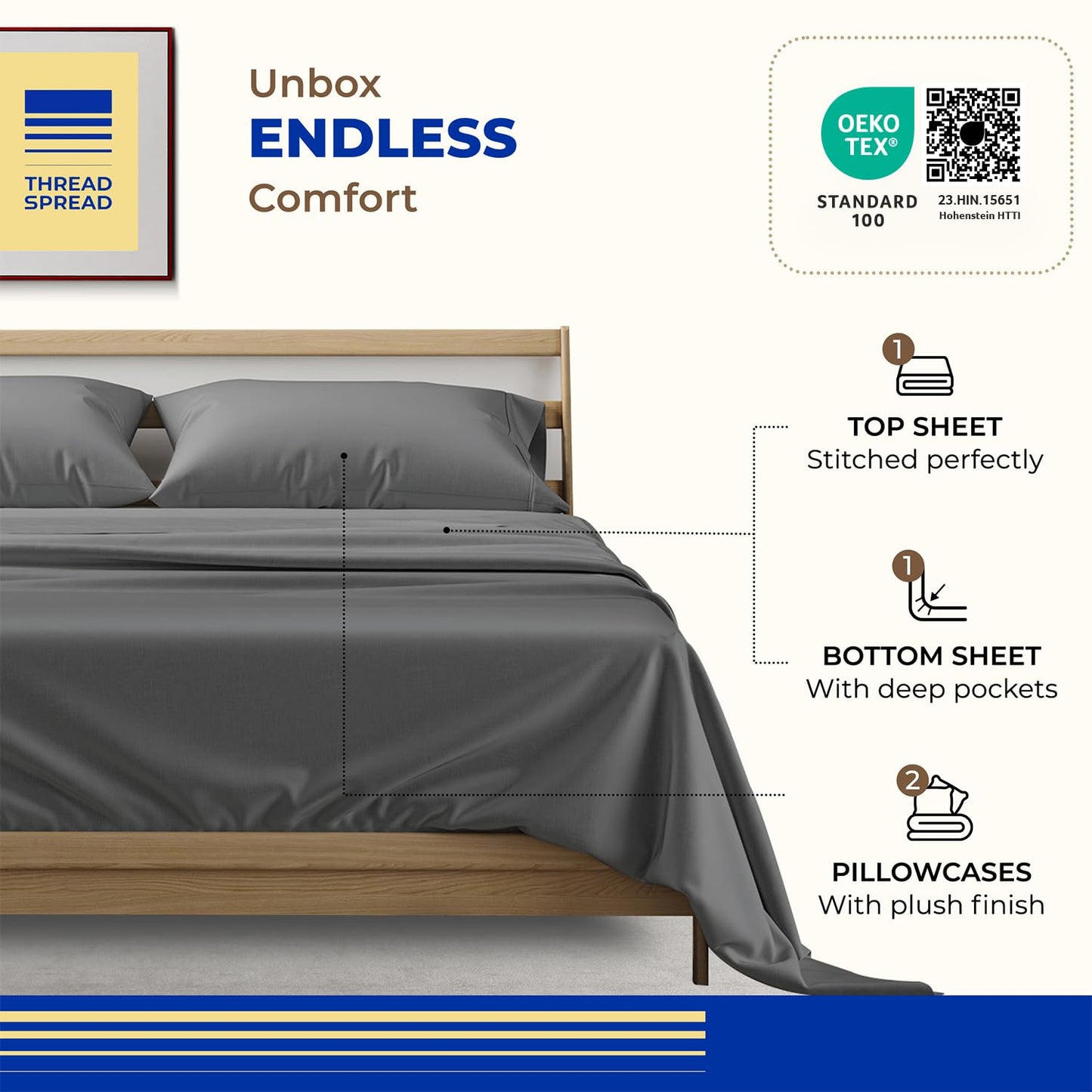 THREAD SPREAD 100% Egyptian Cotton Sheets California King Size - 1000 High Thread Count, Luxury 5-Star Hotel 4 PC Sateen Dark Grey Cali King Sheets, Extra Long Staple 16" Deep Pocket Bed Sheet Sets