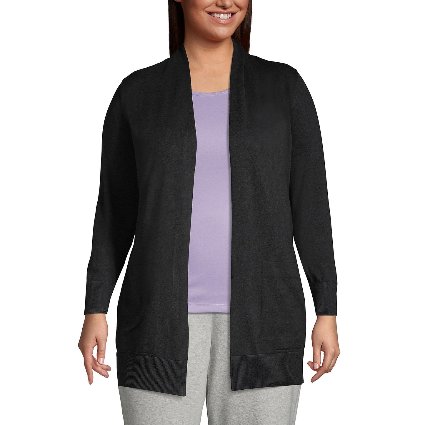 Lands' End Womens Cotton Long Sleeve Open Cardigan Sweater Black Tall X-Large
