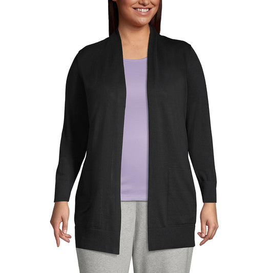 Lands' End Womens Cotton Long Sleeve Open Cardigan Sweater Black Tall X-Large