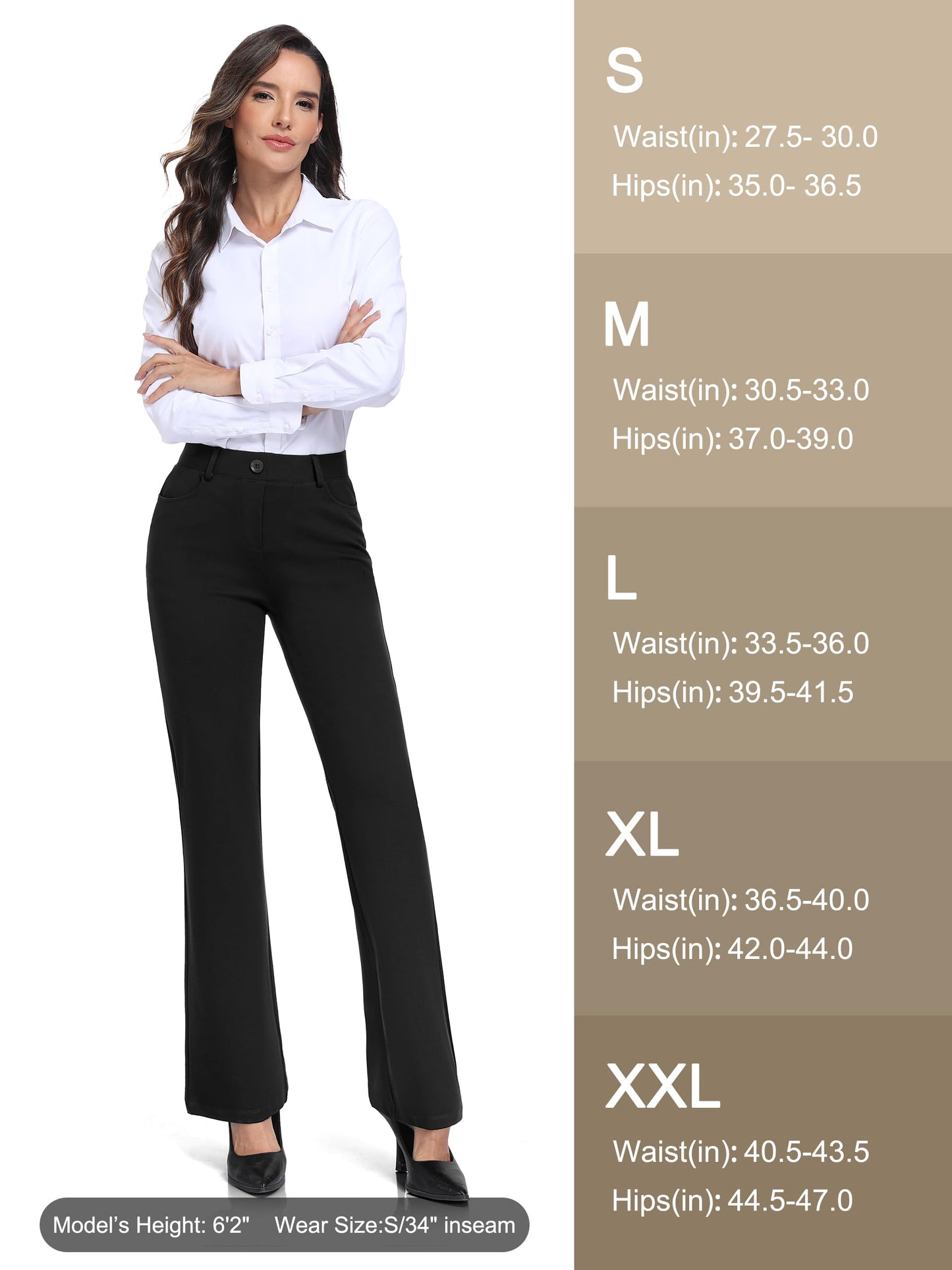 Tallemon Tall Womens Extra Long 38" Inseam Flared Dress Pants with Pockets Stretchy Work Utility Formal Slack, Black, M