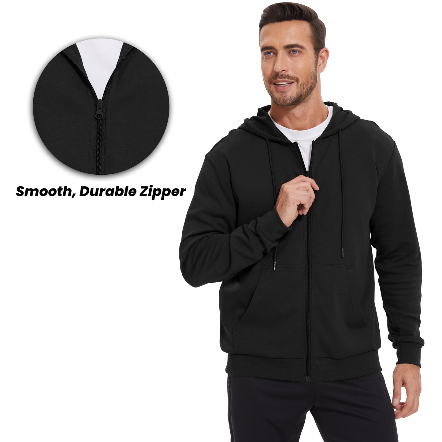 LETAOTAO Lightweight Hoodie Men Zip Up Hooded Sweatshirt Thin Slim Fit Jacket Available in Regular & Tall Sizes（Black，Tall-M）
