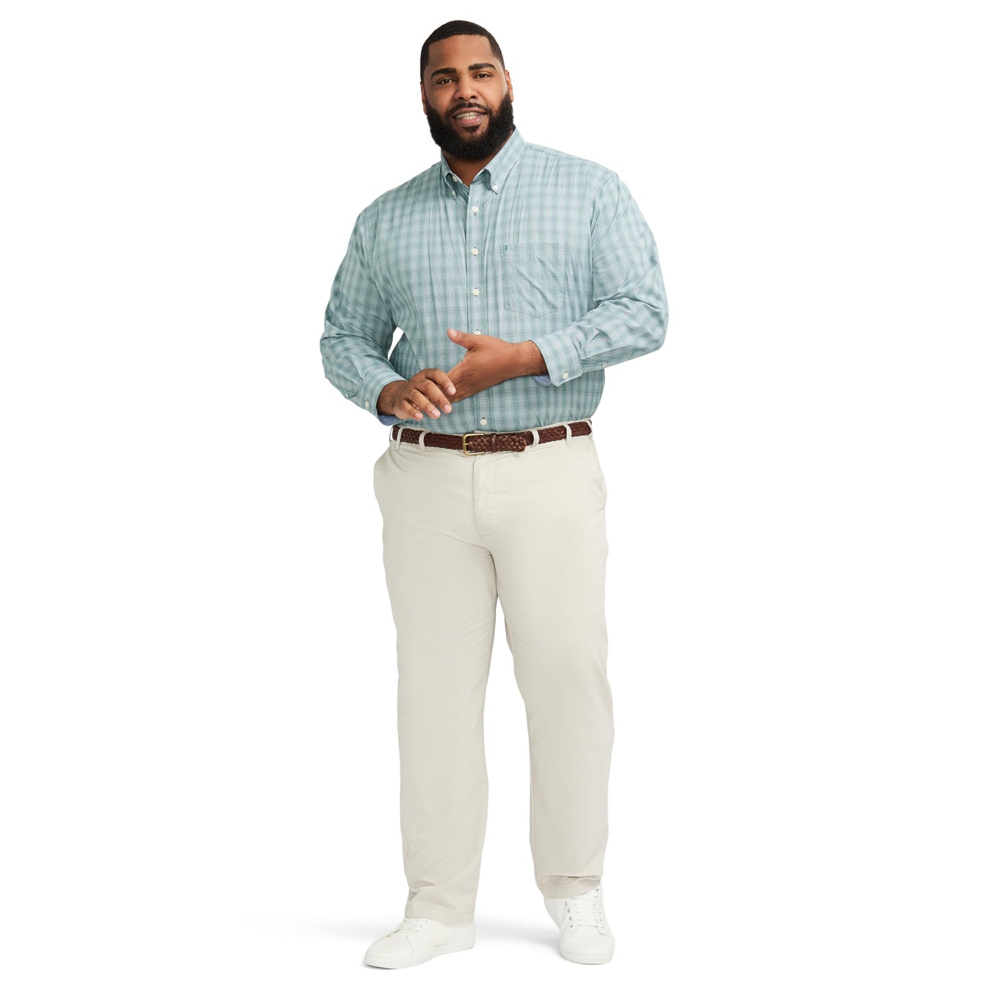 IZOD Men's Big and Tall Performance Comfort Long Sleeve Gingham Button Down Shirt, Bistro Green, 3X-Large Tall