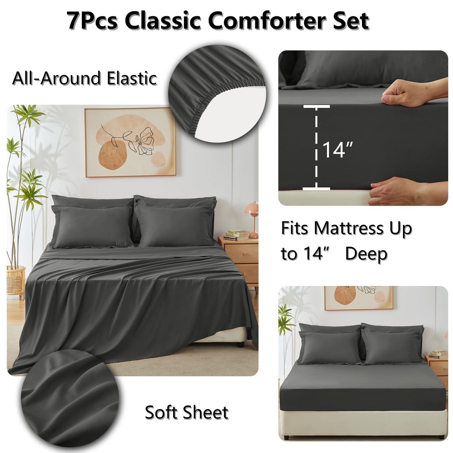 CozyLux California King Comforter Set with Sheets Dark Grey 7 Pieces Cal King Bed in a Bag All Season Bedding Sets with Comforter, Pillow Shams, Flat Sheet, Fitted Sheet and Pillowcases