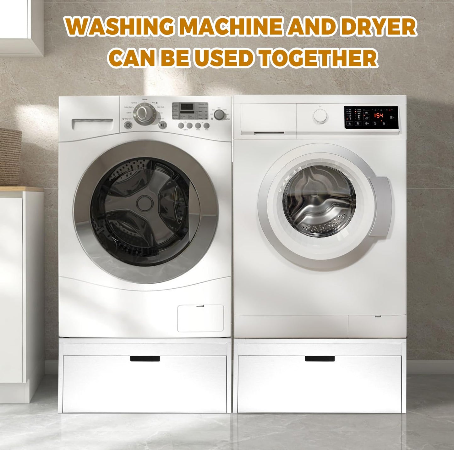 LYASIL Laundry Pedestal with Storage Drawer, Heavy Duty Washer Dryer Pedestal 28" Universal Fit Anti-Vibration Washing Machine Riser, 770 LBS Capacity (White)